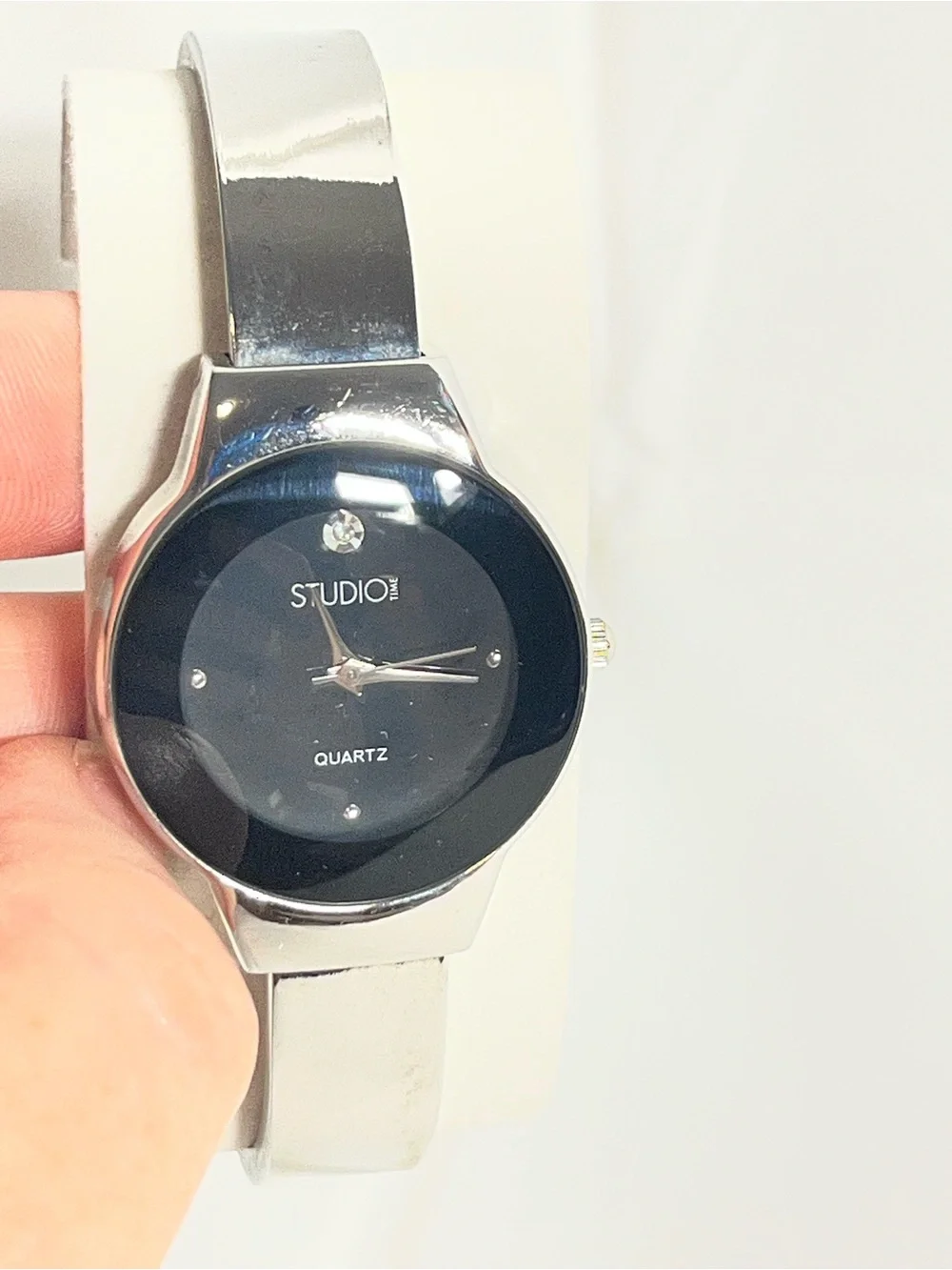 Studio Silver Bracelet Cuff Watch with Black Dial and Band New battery O2
